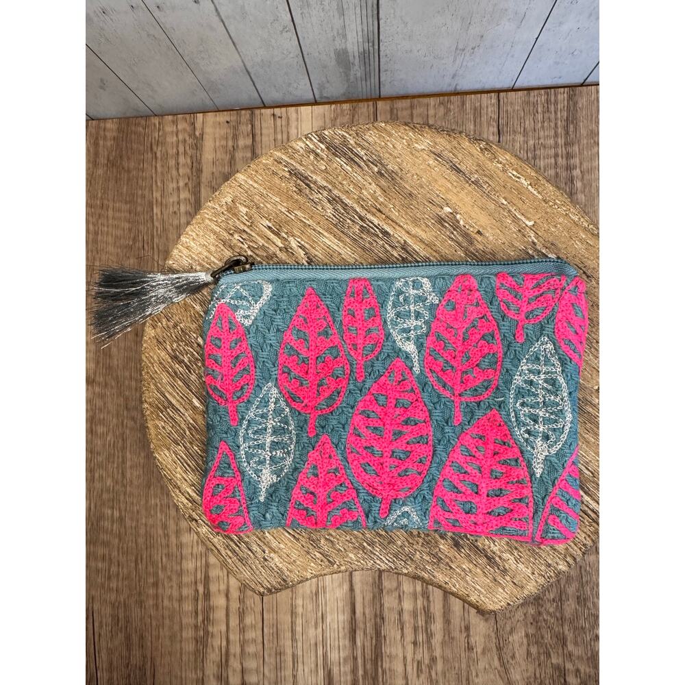 Spring Coin Purse 6 x 4 in Makeup Bag Cotton Pouch Blue Pink Leaves NEW